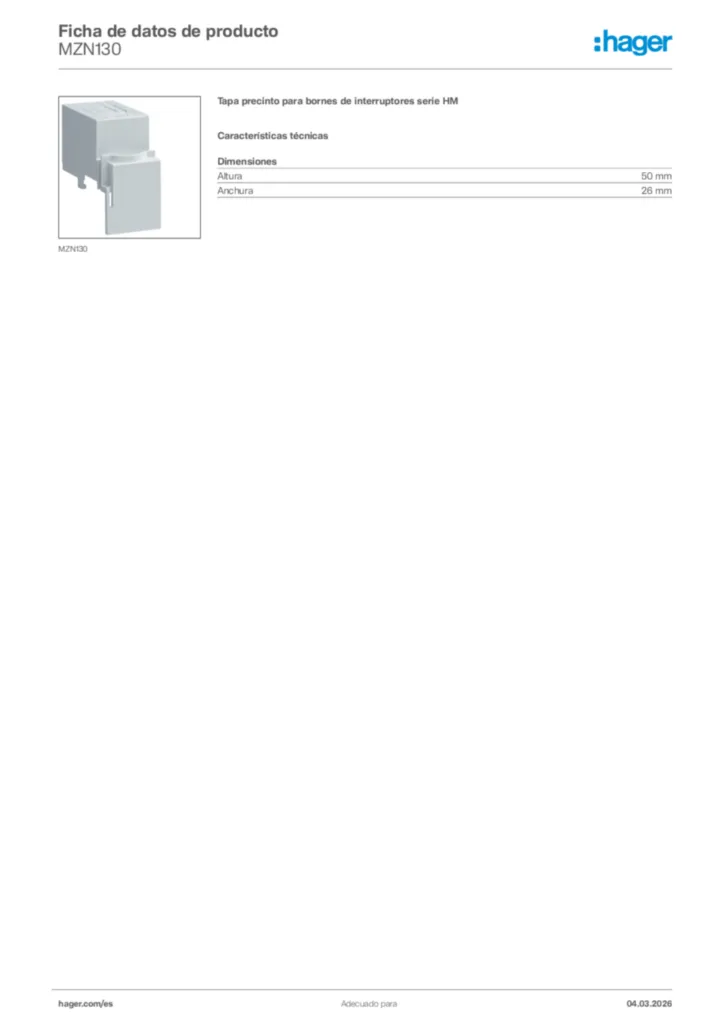Imagen Hager Ficha de datos de producto MZN130 | Hager España