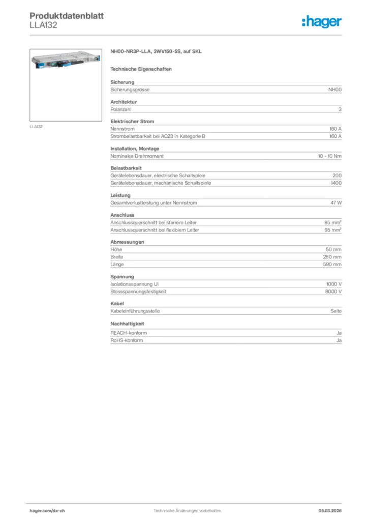 Bild Hager Produktdatenblatt LLA132 | Hager Schweiz