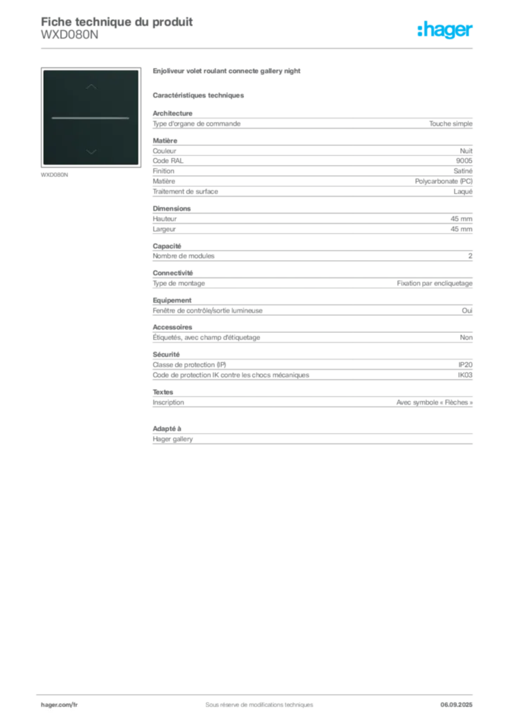 Image Hager Fiche technique du produit WXD080N | Hager France