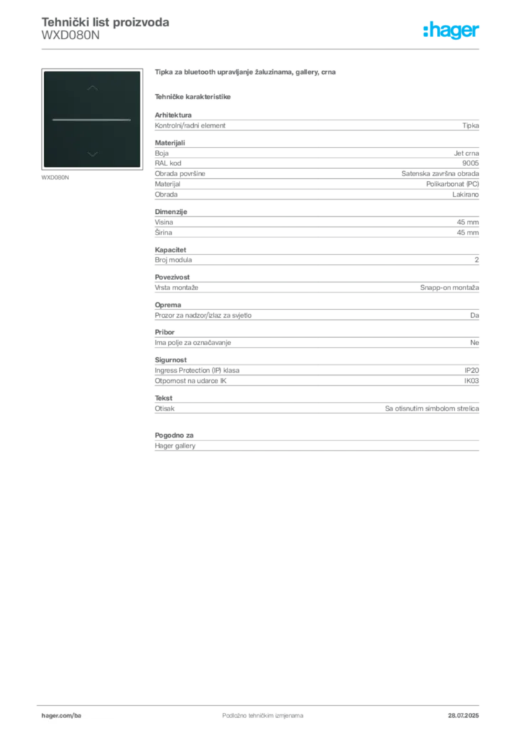 Slika Hager Product data sheet WXD080N  | Hager