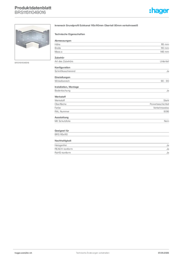 Bild Hager Produktdatenblatt BRS11511049016 | Hager Schweiz