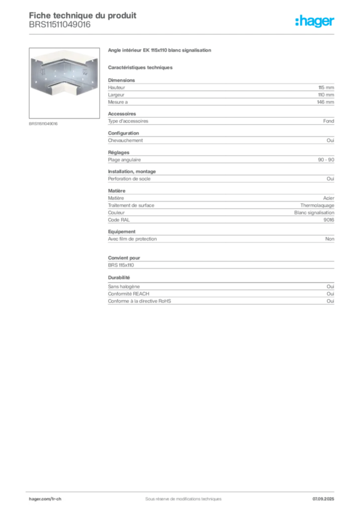 Image Hager Fiche technique du produit BRS11511049016 | Hager Suisse