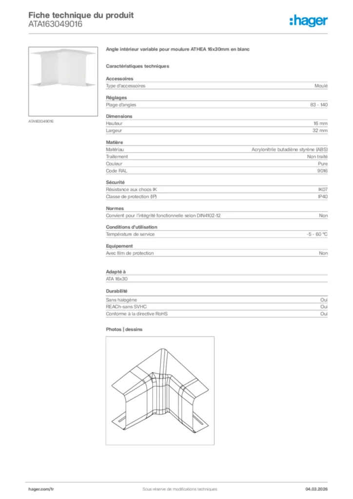 Image Hager Fiche technique du produit ATA163049016 | Hager France