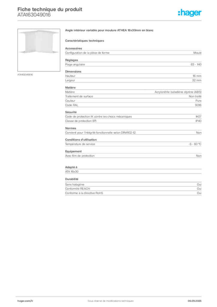 Image Hager Fiche technique du produit ATA163049016 | Hager France