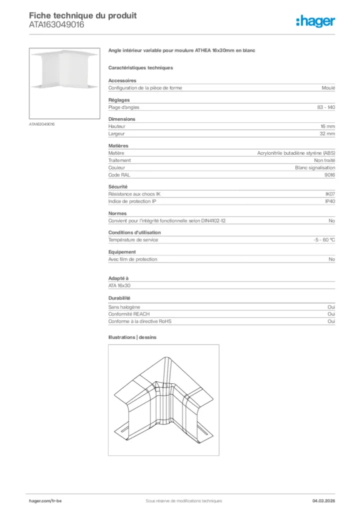 Image Hager Fiche technique du produit ATA163049016 | Hager Belgique