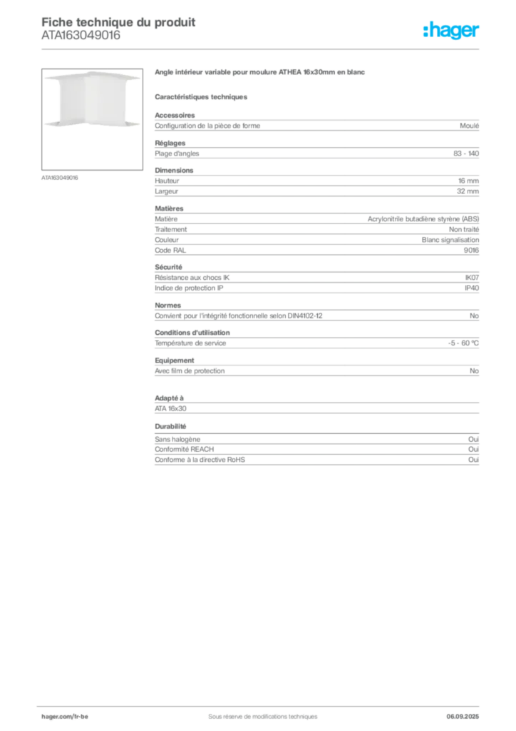 Image Hager Fiche technique du produit ATA163049016 | Hager Belgique
