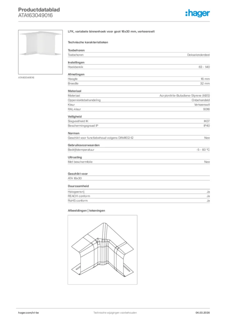 Afbeelding Hager Productdatablad ATA163049016 | Hager Belgium