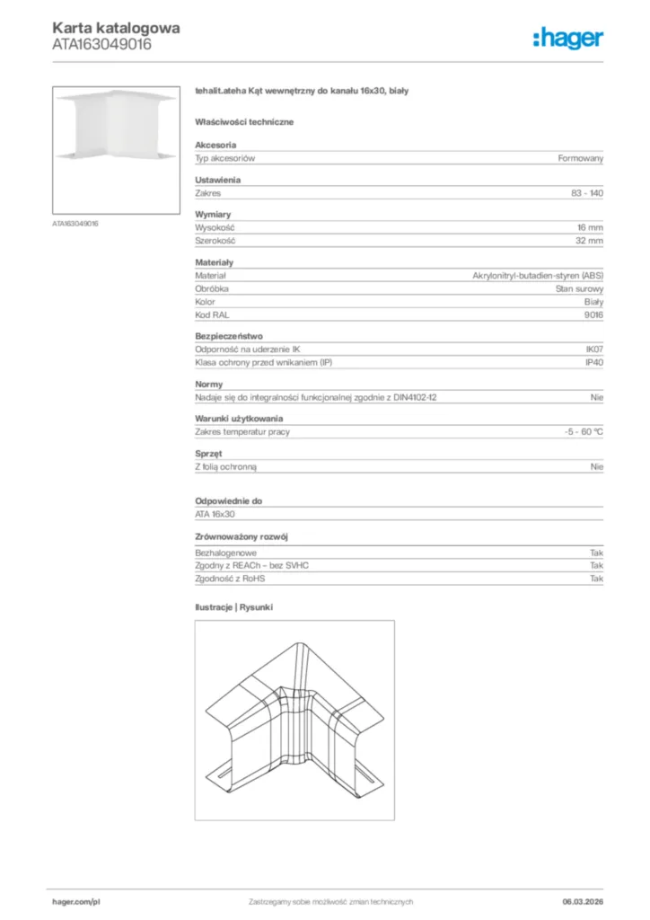 Zdjęcie Hager Karta katalogowa ATA163049016 | Hager Polska
