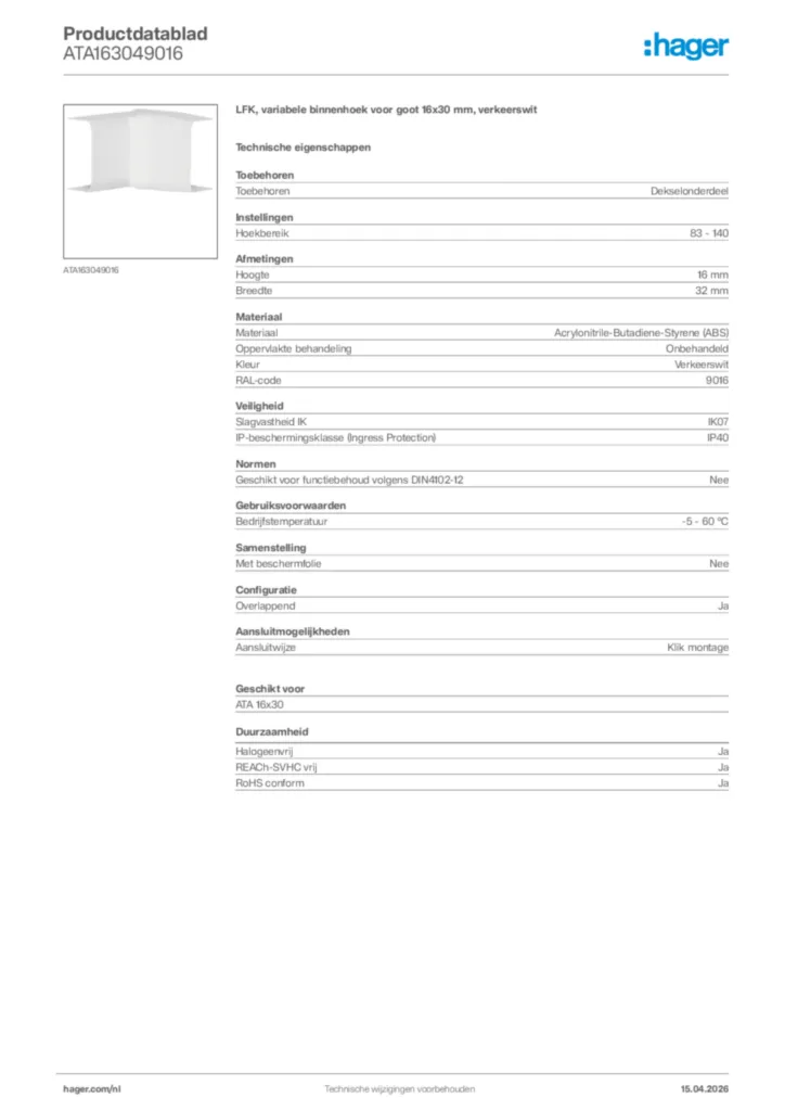 Afbeelding Hager Productdatablad ATA163049016 | Hager Nederland