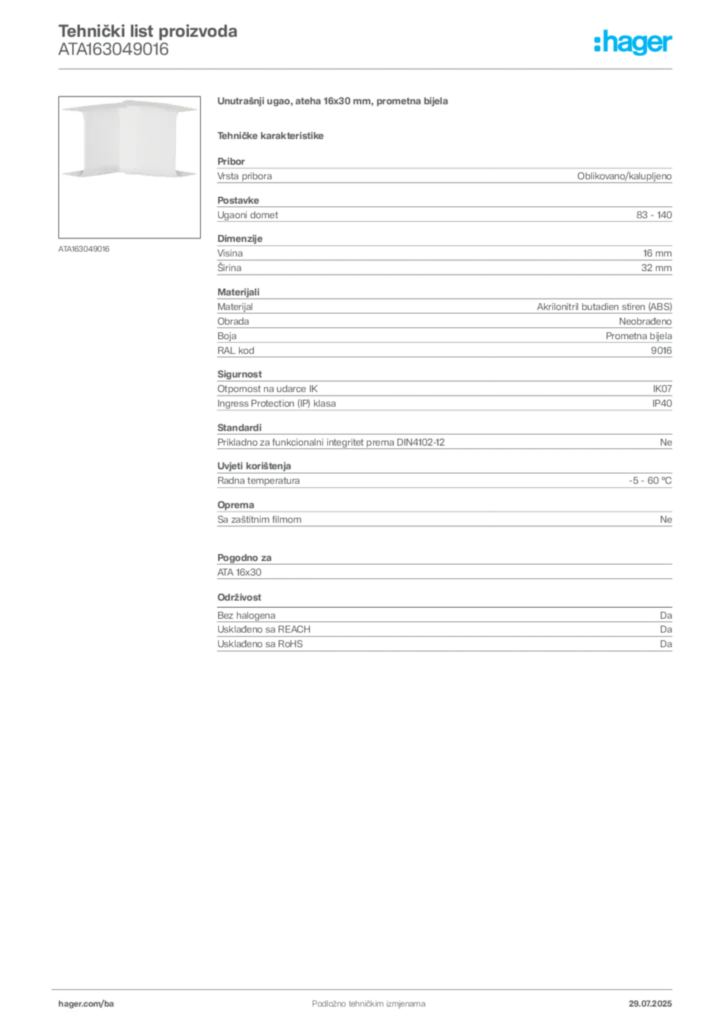 Slika Hager Product data sheet ATA163049016  | Hager