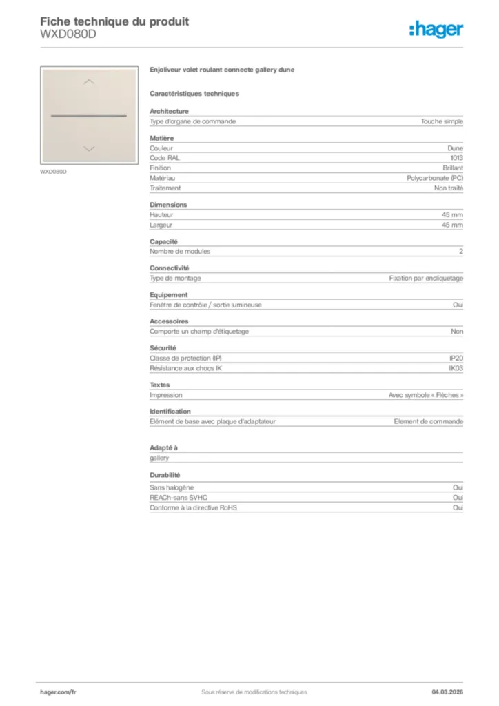 Image Hager Fiche technique du produit WXD080D | Hager France