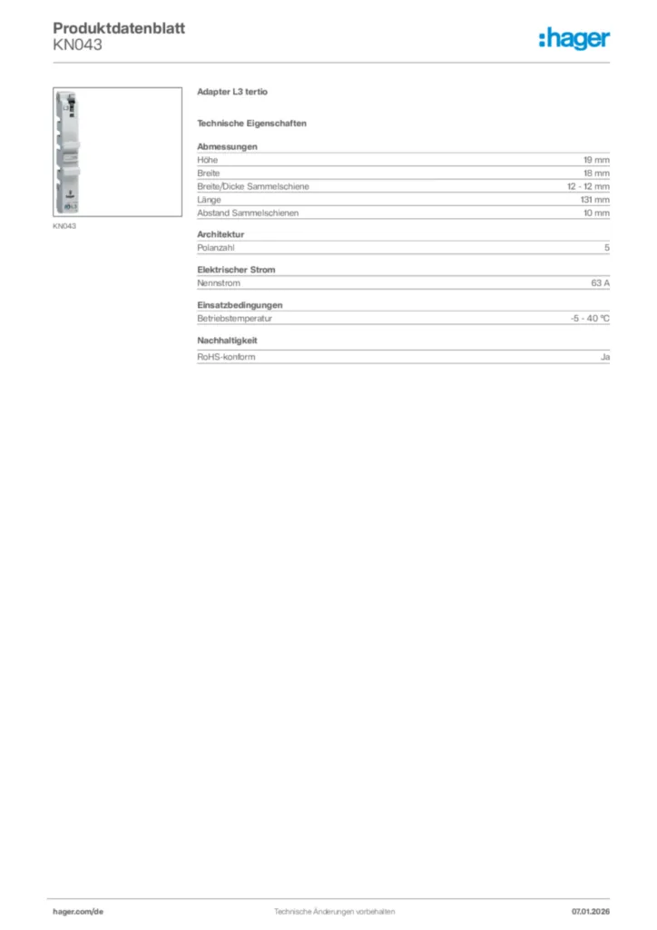 Bild Hager Produktdatenblatt KN043 | Hager Deutschland