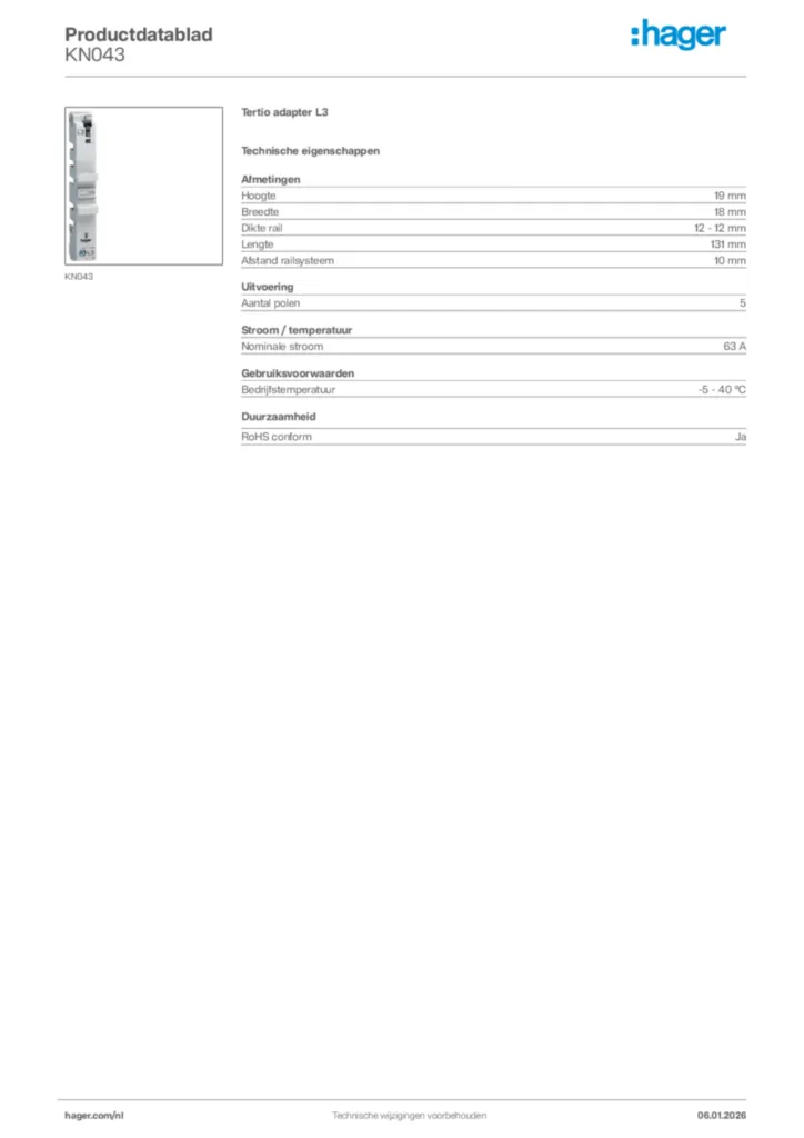 Afbeelding Hager Productdatablad KN043 | Hager Nederland