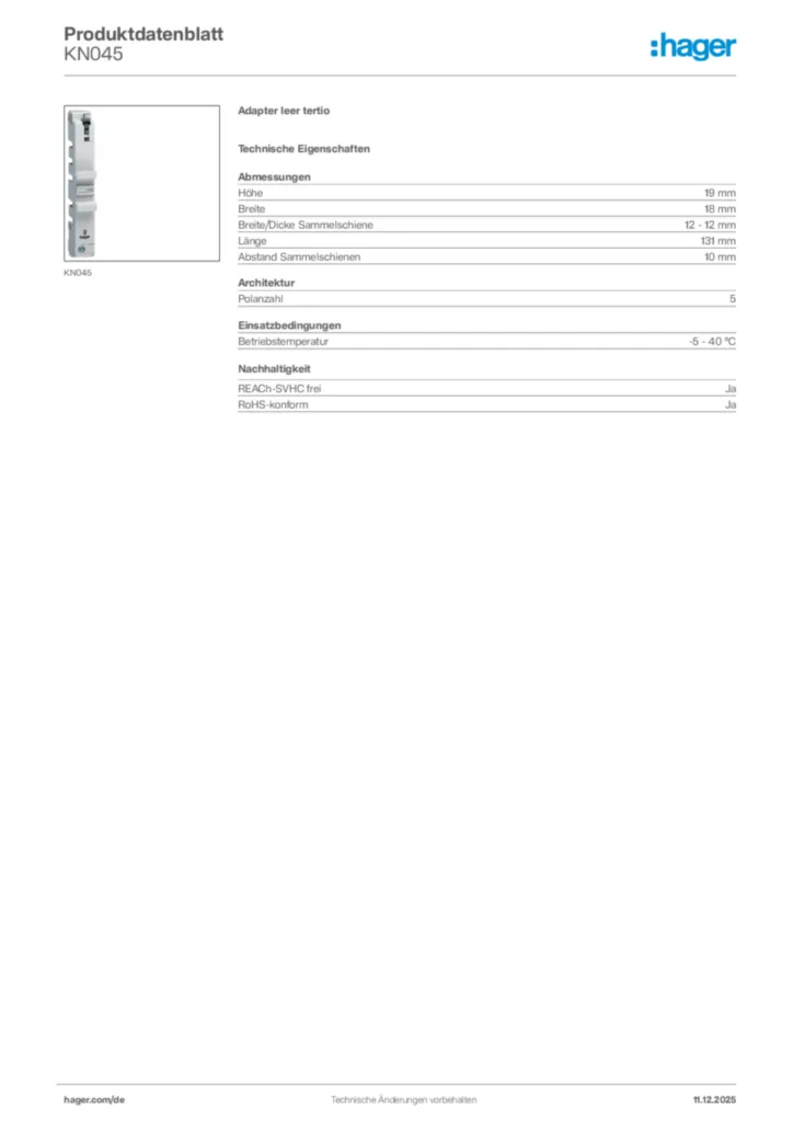 Bild Hager Produktdatenblatt KN045 | Hager Deutschland