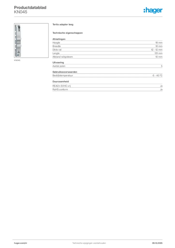 Afbeelding Hager Productdatablad KN045 | Hager Nederland