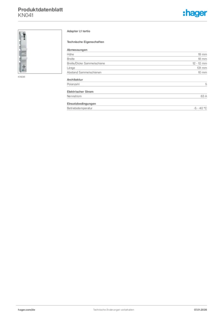 Bild Hager Produktdatenblatt KN041 | Hager Deutschland