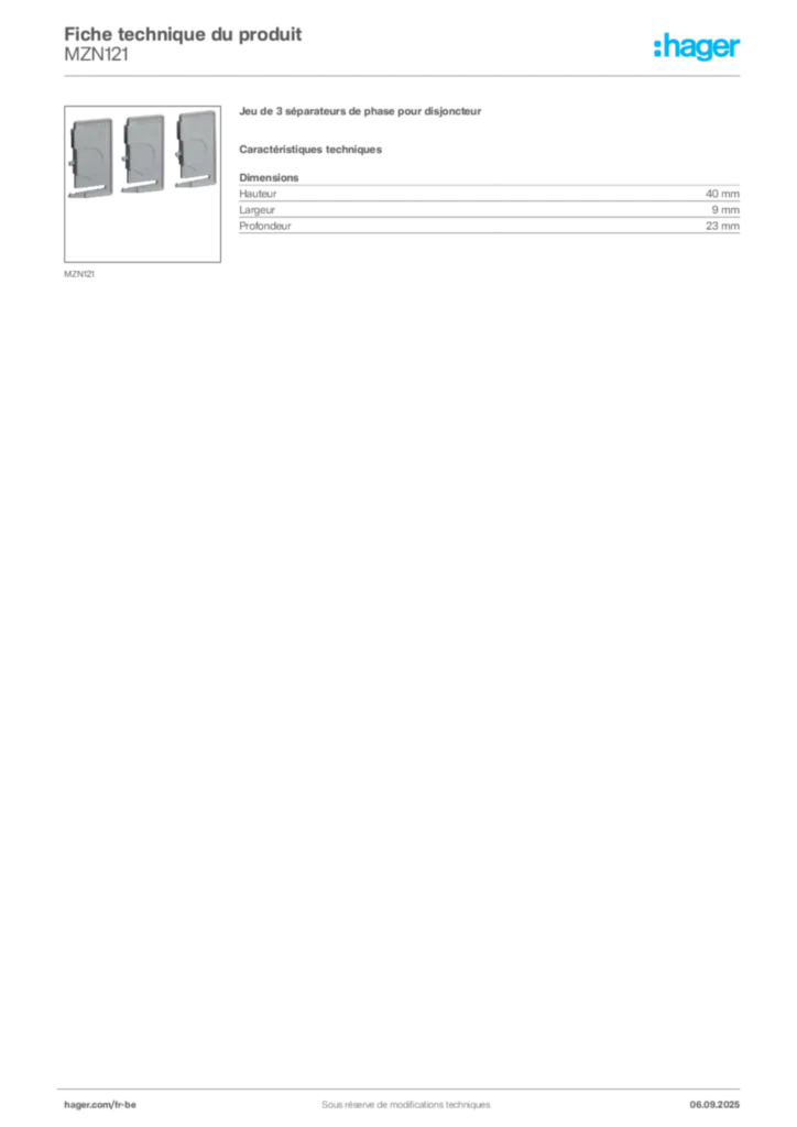 Image Hager Fiche technique du produit MZN121 | Hager Belgique