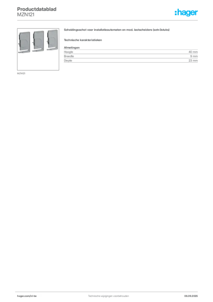 Afbeelding Hager Productdatablad MZN121 | Hager Belgium