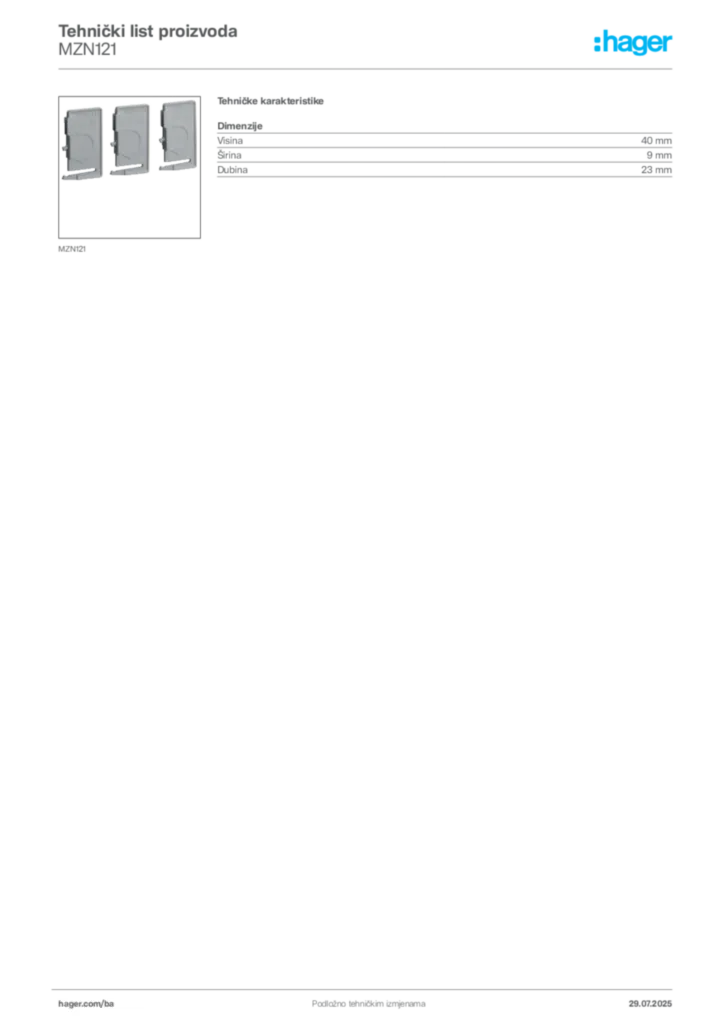 Slika Hager Product data sheet MZN121  | Hager