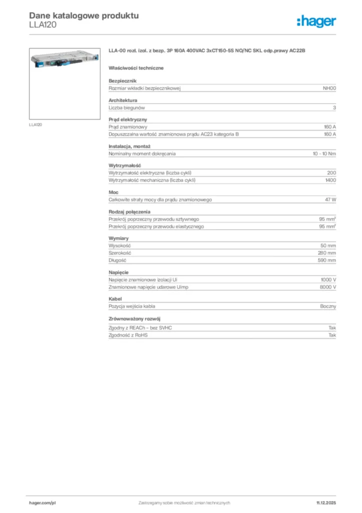 Zdjęcie Hager Dane katalogowe produktu LLA120 | Hager Polska