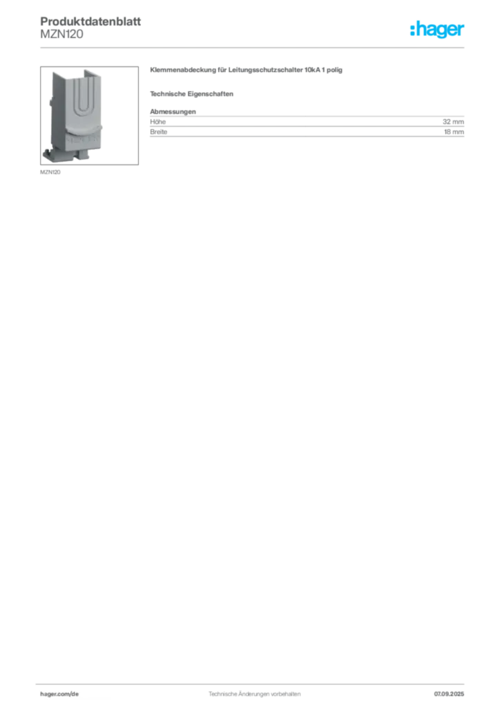 Bild Hager Produktdatenblatt MZN120 | Hager Deutschland