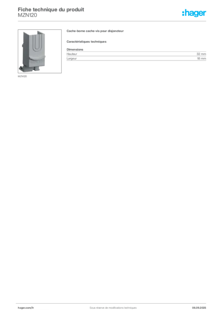Image Hager Fiche technique du produit MZN120 | Hager France