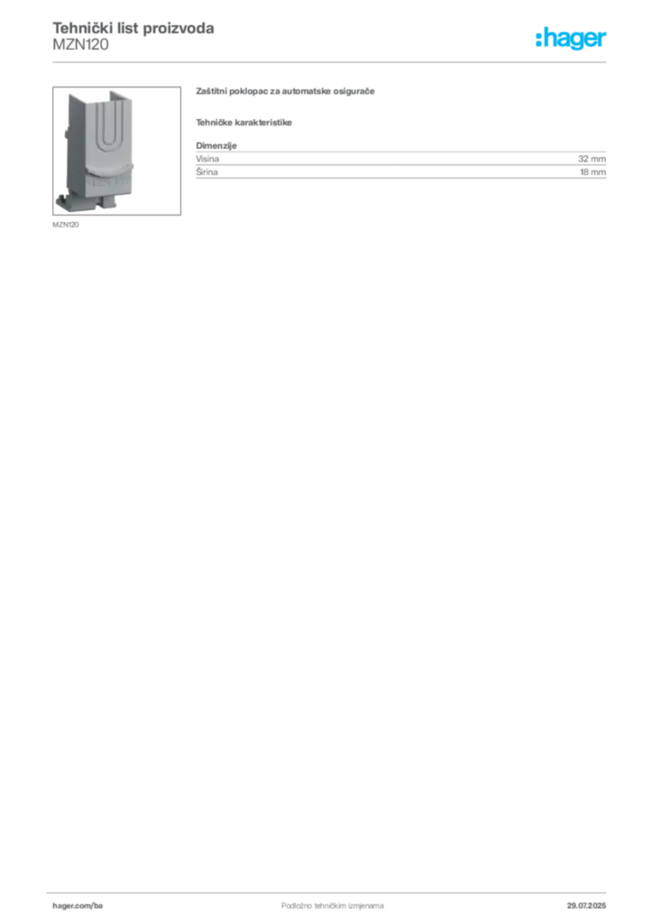 Slika Hager Product data sheet MZN120  | Hager