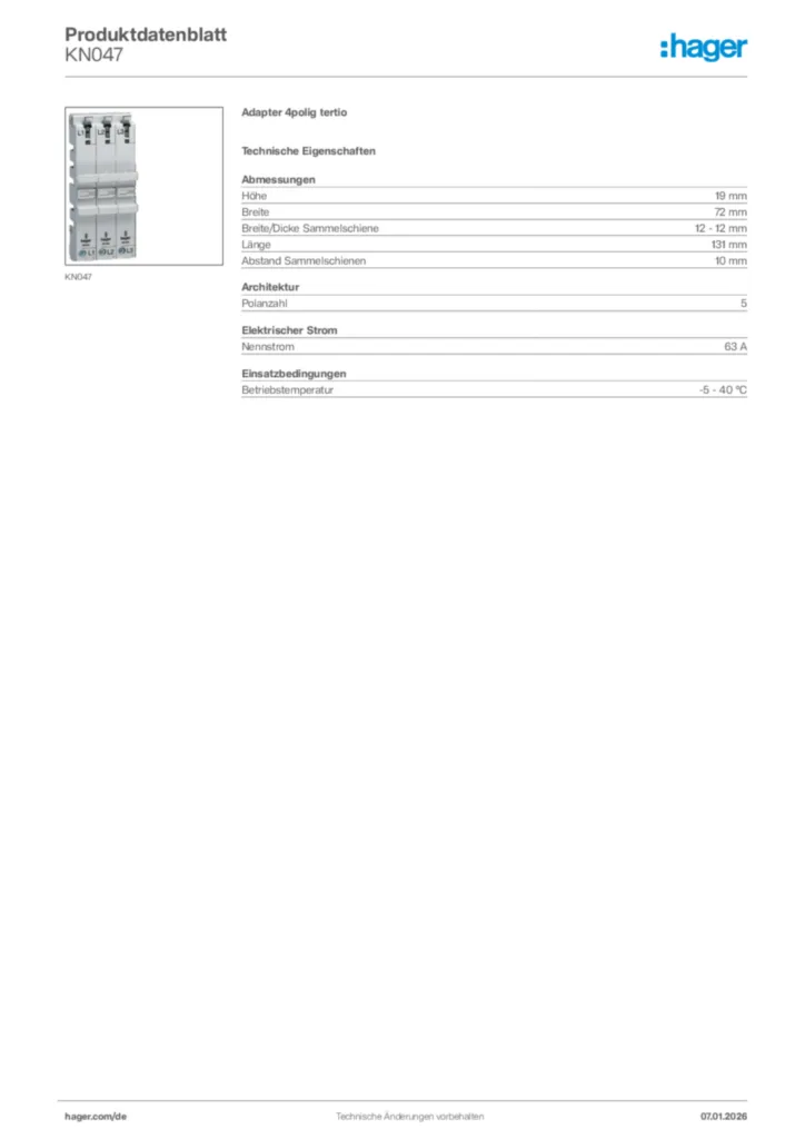 Bild Hager Produktdatenblatt KN047 | Hager Deutschland