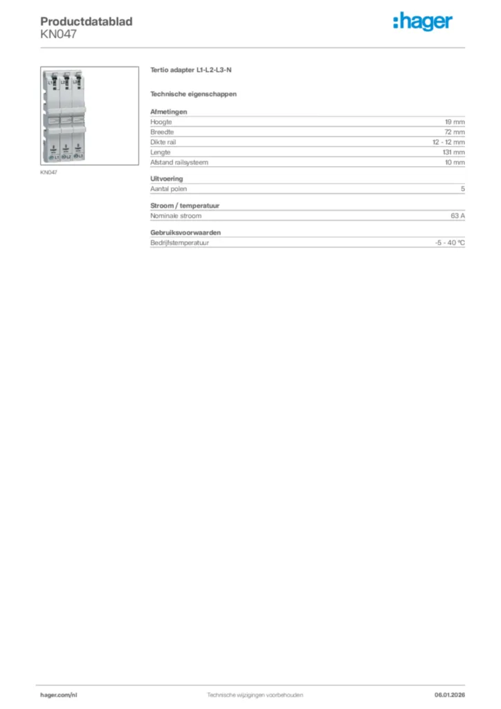 Afbeelding Hager Productdatablad KN047 | Hager Nederland