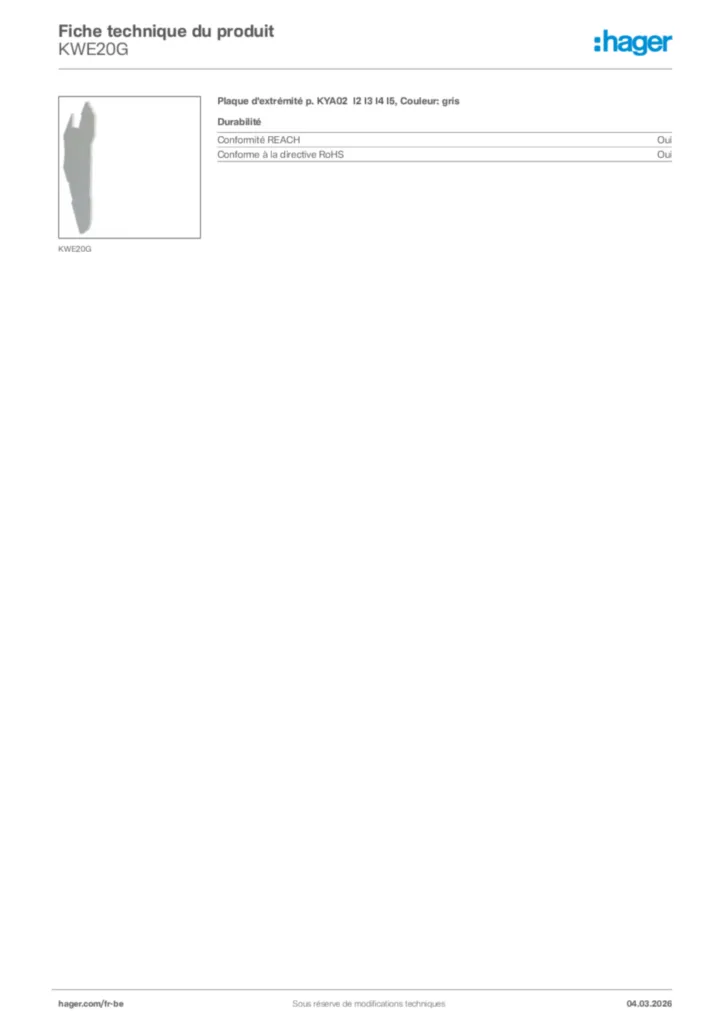 Image Hager Fiche technique du produit KWE20G | Hager Belgique