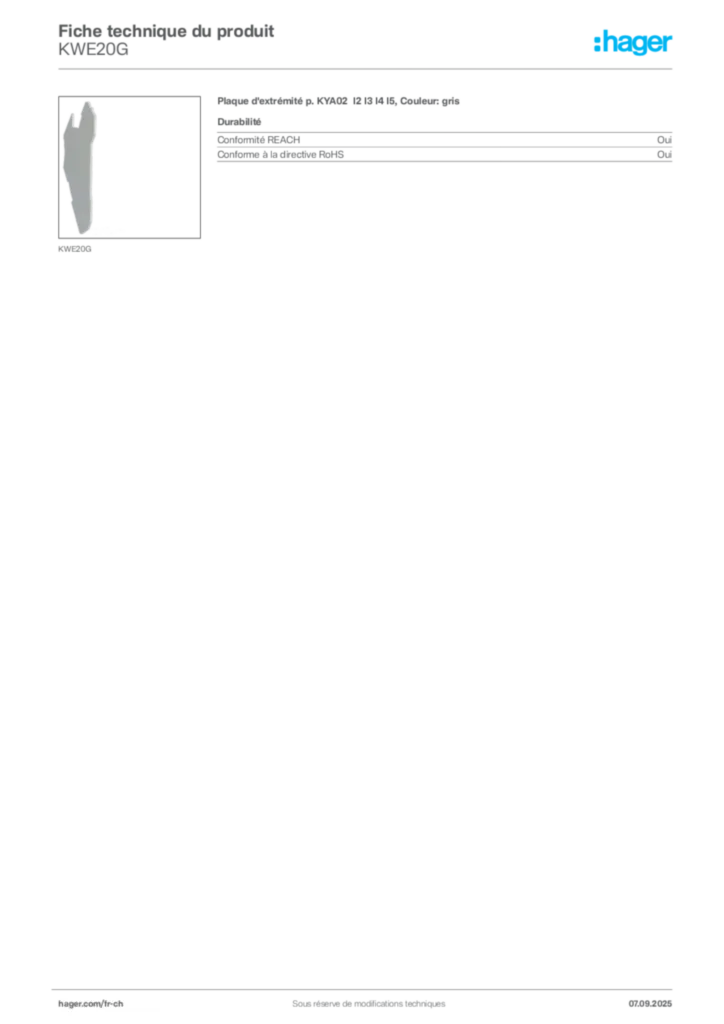 Image Hager Fiche technique du produit KWE20G | Hager Suisse