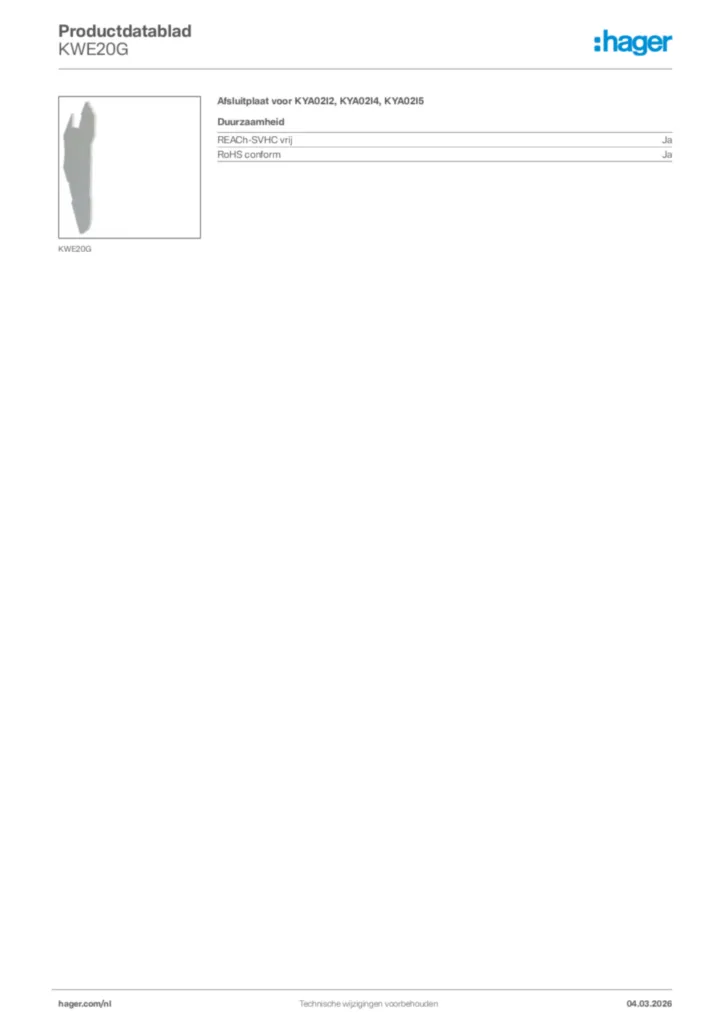 Afbeelding Hager Productdatablad KWE20G | Hager Nederland