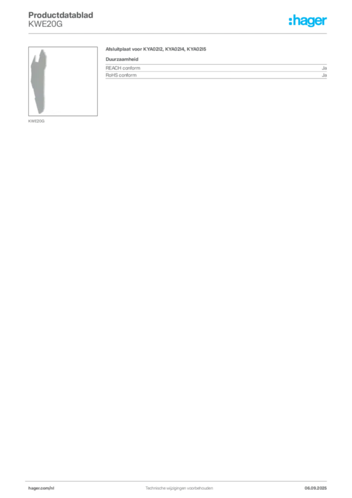 Afbeelding Hager Productdatablad KWE20G | Hager Nederland