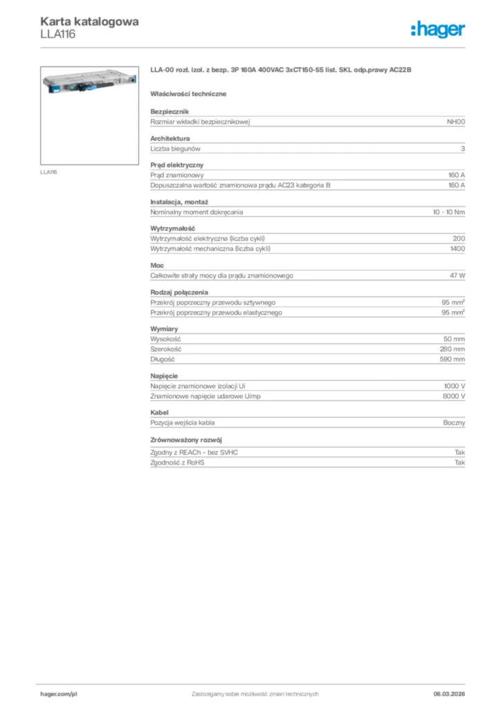 Zdjęcie Hager Karta katalogowa LLA116 | Hager Polska