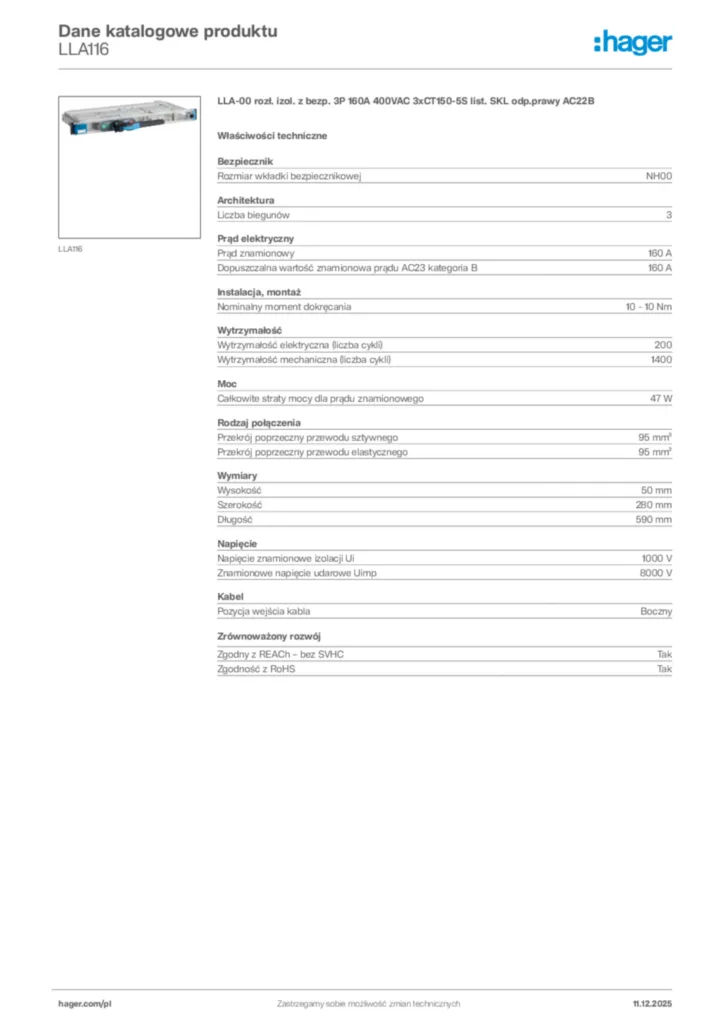 Zdjęcie Hager Dane katalogowe produktu LLA116 | Hager Polska