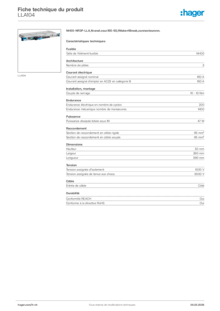 Image Hager Fiche technique du produit LLA104 | Hager Suisse