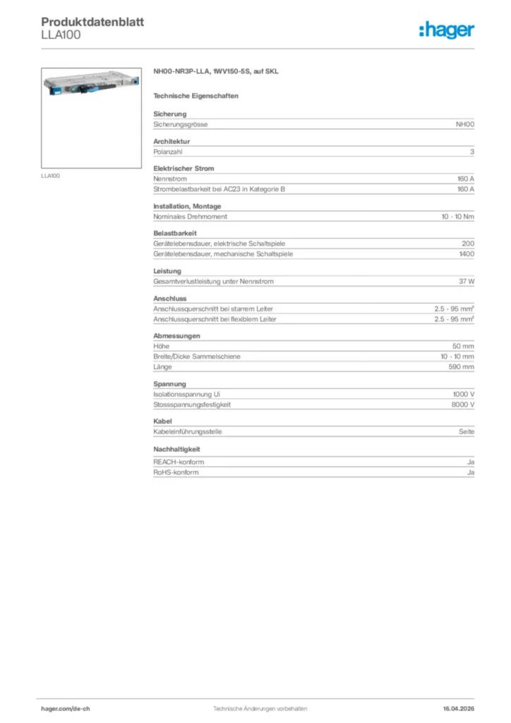 Bild Hager Produktdatenblatt LLA100 | Hager Schweiz