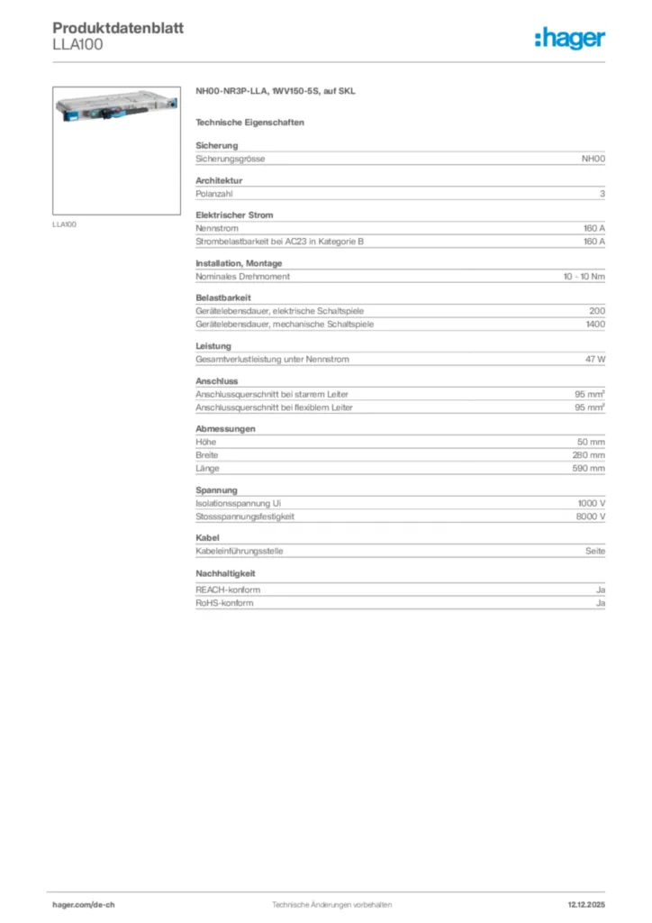 Bild Hager Produktdatenblatt LLA100 | Hager Schweiz