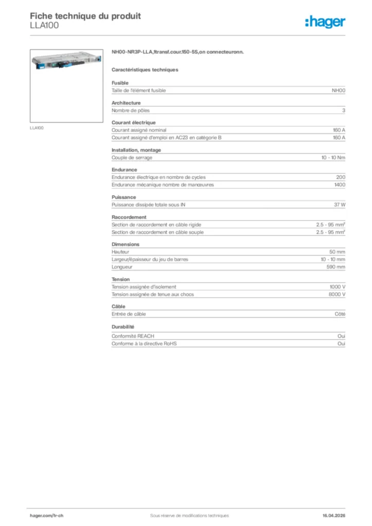 Image Hager Fiche technique du produit LLA100 | Hager Suisse