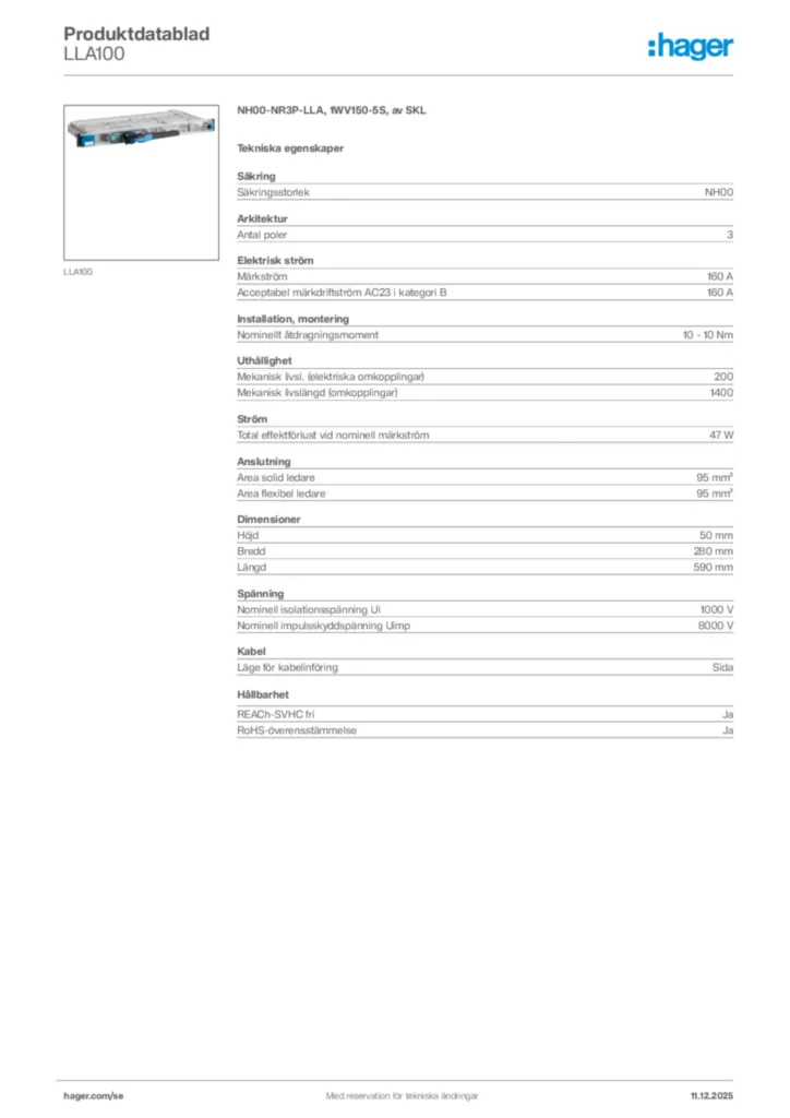 Bild Hager Produktdatablad LLA100 | Hager Sverige