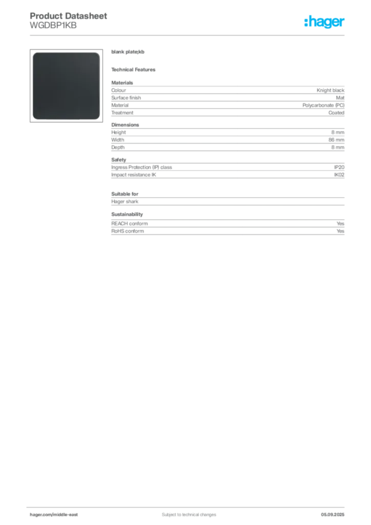 Image Hager Product data sheet WGDBP1KB  | Hager