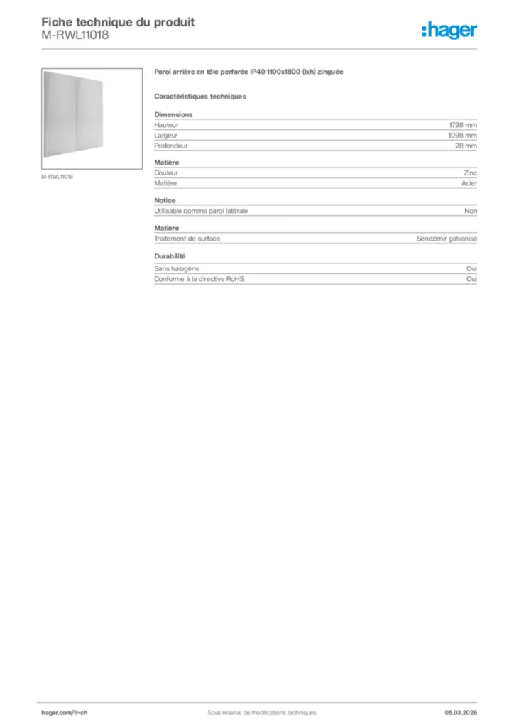 Image Hager Fiche technique du produit M-RWL11018 | Hager Suisse