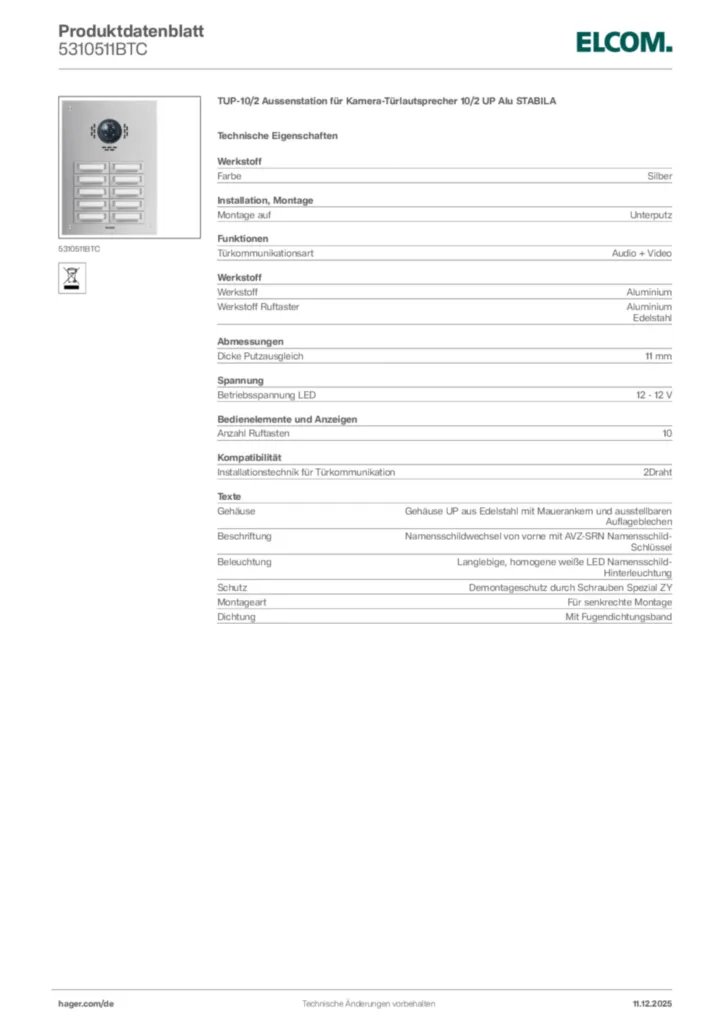 Bild Elcom Produktdatenblatt 5310511BTC | Hager Deutschland