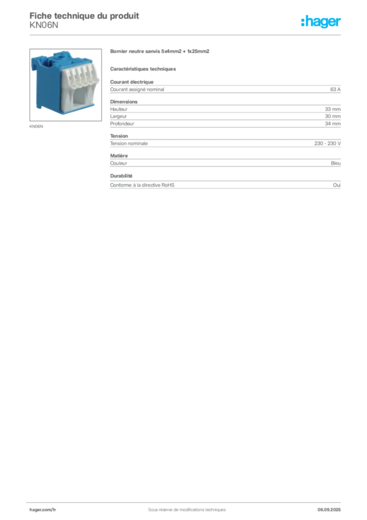Image Hager Fiche technique du produit KN06N | Hager France