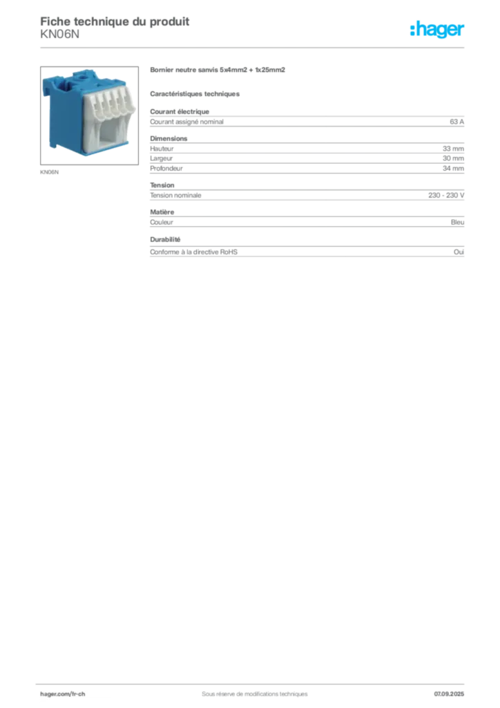 Image Hager Fiche technique du produit KN06N | Hager Suisse