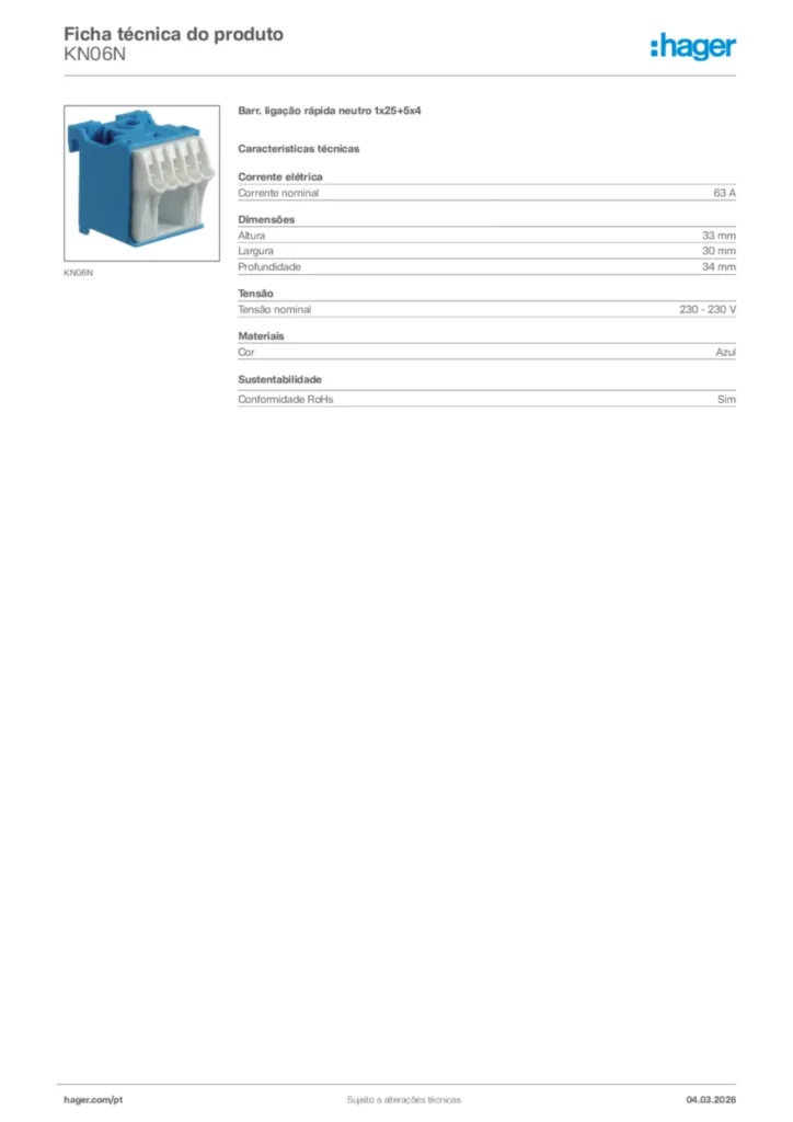 Imagem Hager Ficha técnica do produto KN06N | Hager Portugal