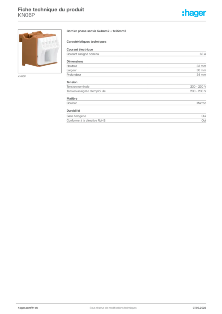 Image Hager Fiche technique du produit KN06P | Hager Suisse