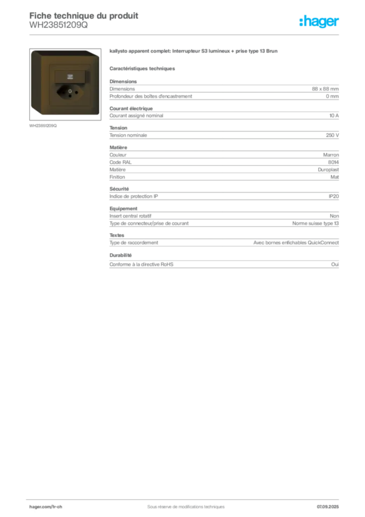 Image Hager Fiche technique du produit WH23851209Q | Hager Suisse