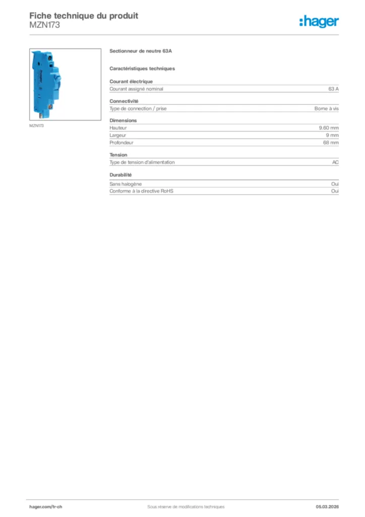Image Hager Fiche technique du produit MZN173 | Hager Suisse