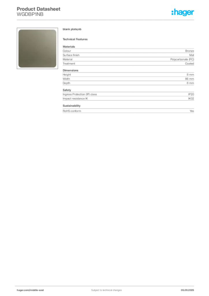 Image Hager Product data sheet WGDBP1NB  | Hager
